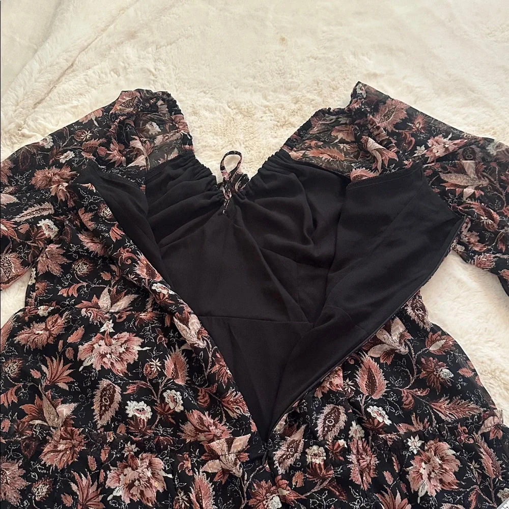 Madewell Black Floral Puff-Sleeve Dress with Pink, Maroon and Cream Blooms, 12 - Picture 14 of 16